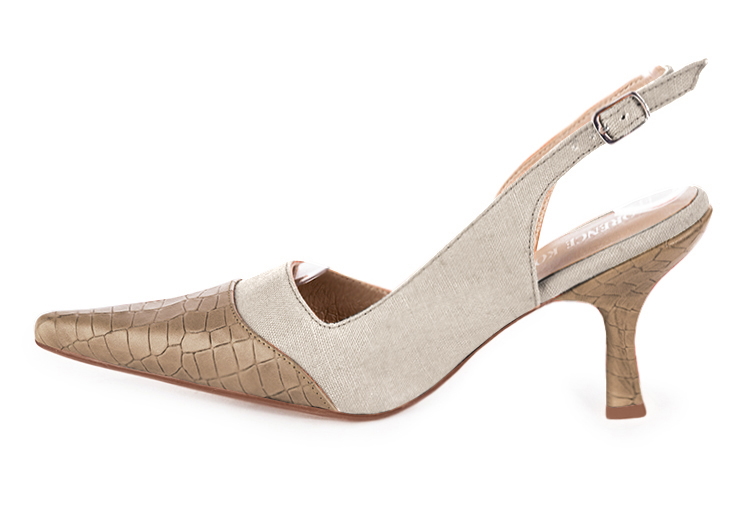 Tan beige women's slingback shoes. Pointed toe. High spool heels. Profile view - Florence KOOIJMAN